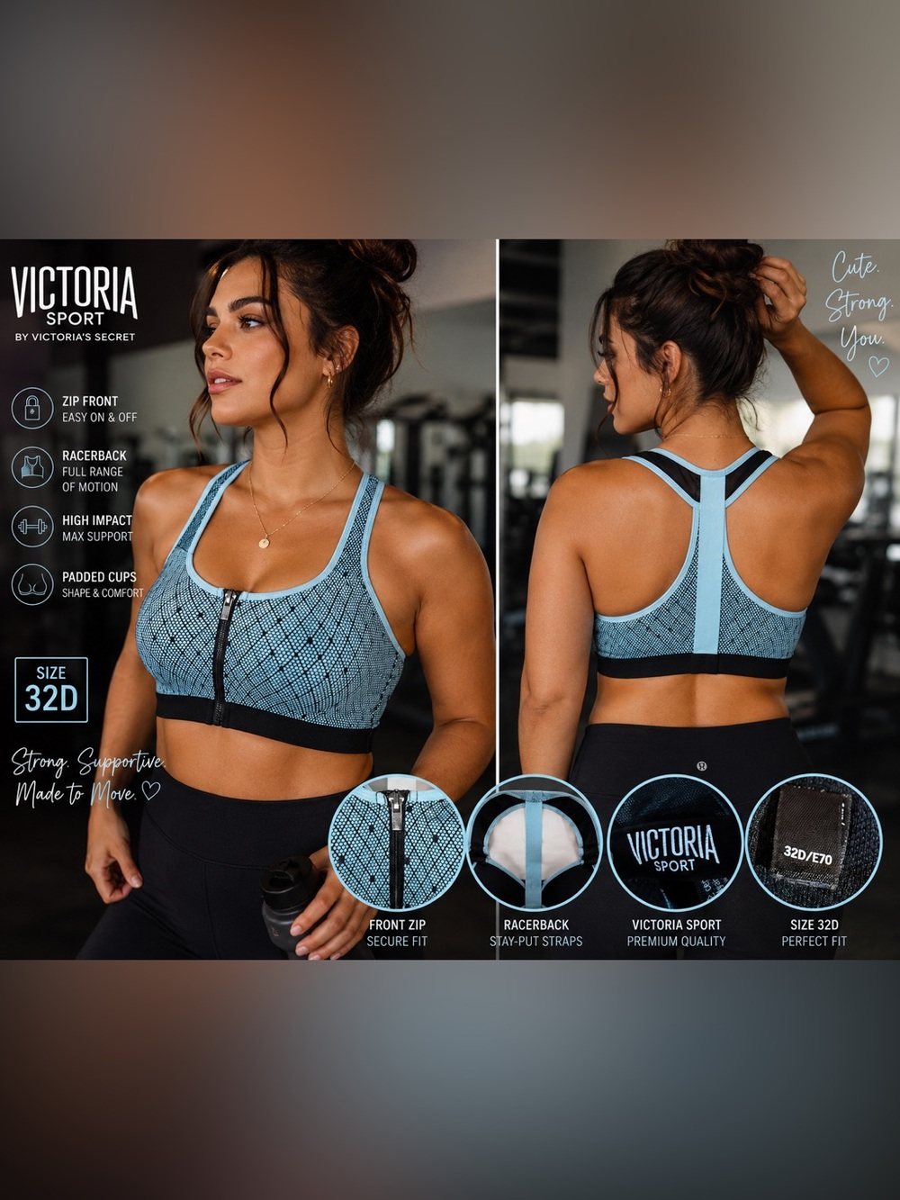 Victoria Sport High Impact Zip Front Sports Bra 32D Blue Black Racerback